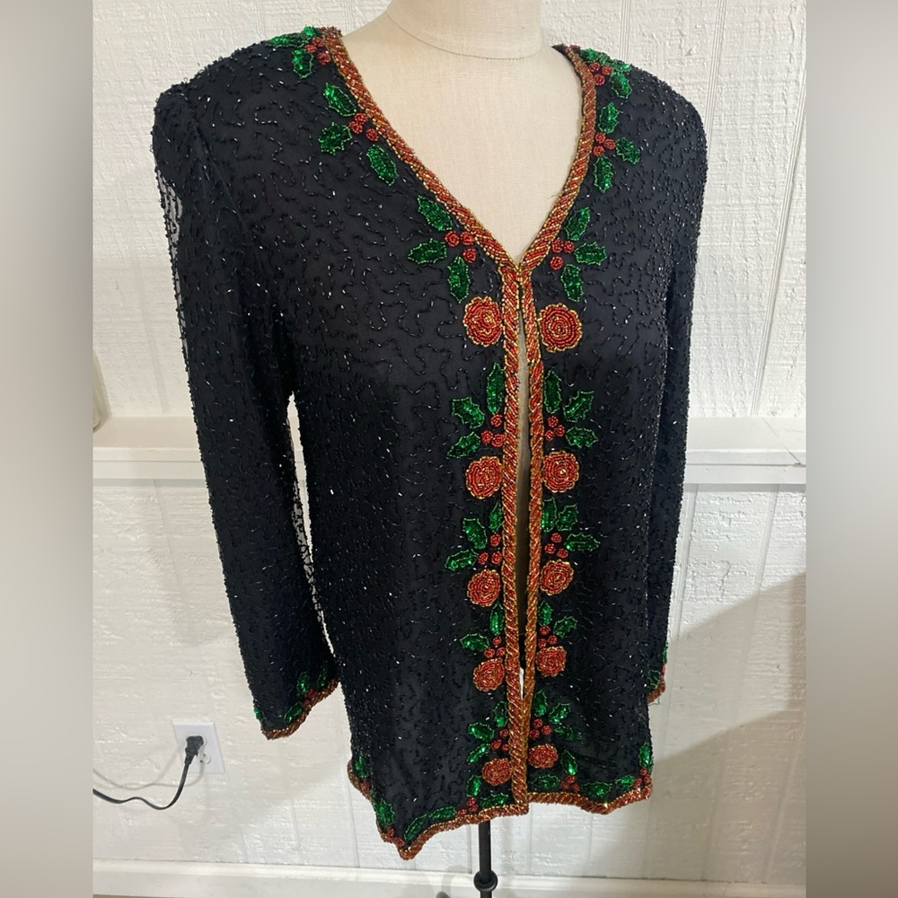Laurence Kazar Sequin Beaded Embellished Holliday Formal Cardigan Holly Rose Med